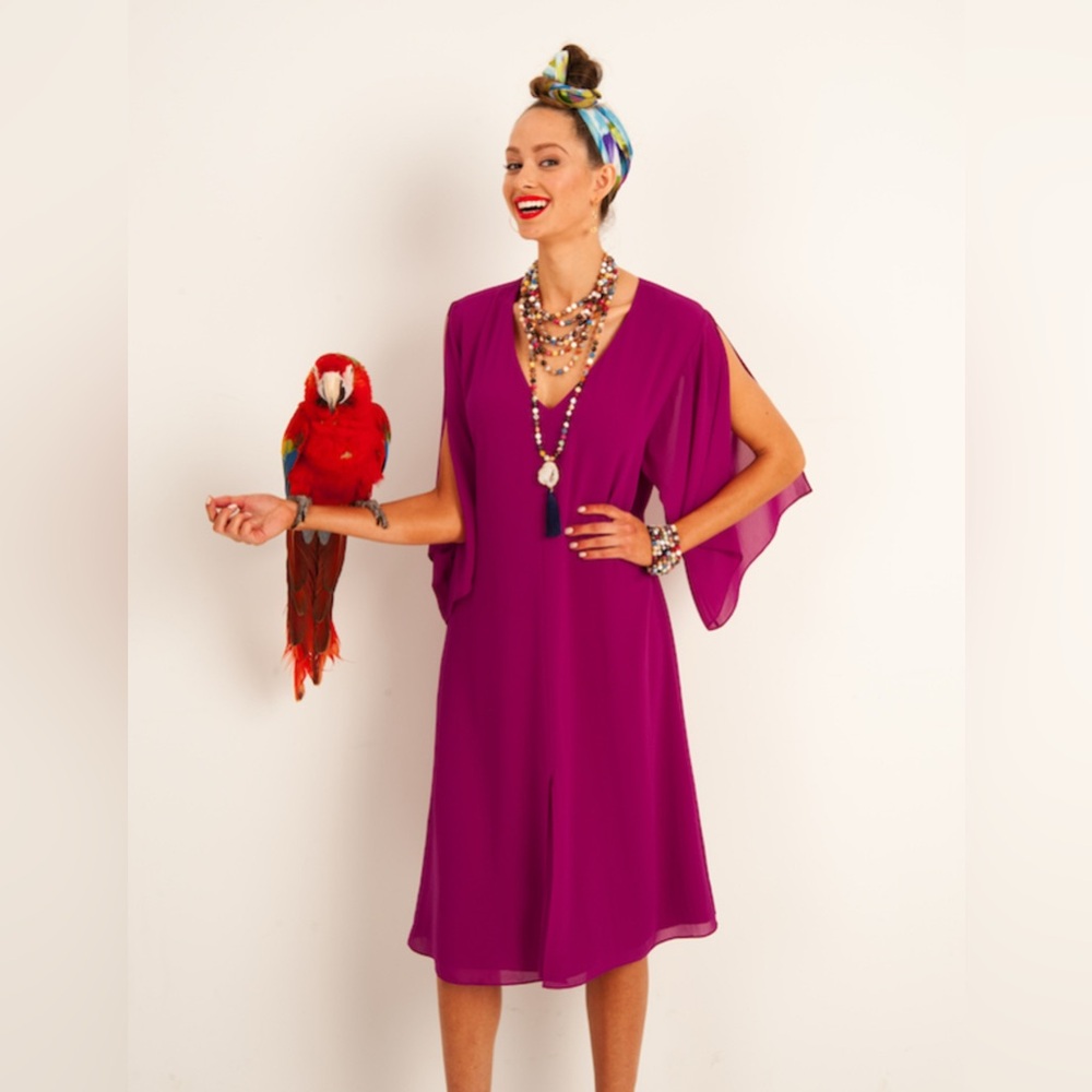 Elaine Turner Fuchsia Kaftan Midi Dress, NEW with tags